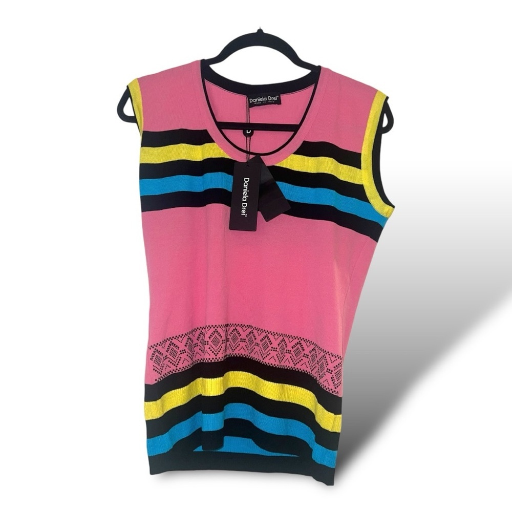 NEW DANIELA DREI Pink Multicolor Womens Vest Top IT48 Sleeveless Retro Neon
